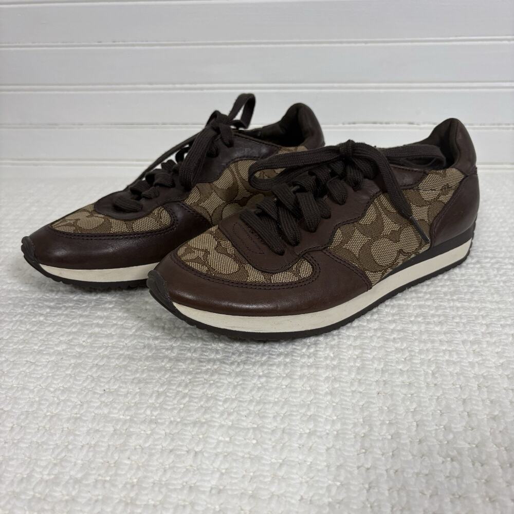 COACH Farah Women's Retro Sneakers Brown & Khaki 6B Signature C Leather Jacquard